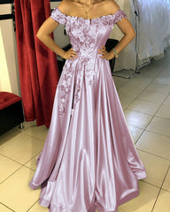 Off The Shoulder Satin Floor Length Dresses 3D Lace Flowers Beaded