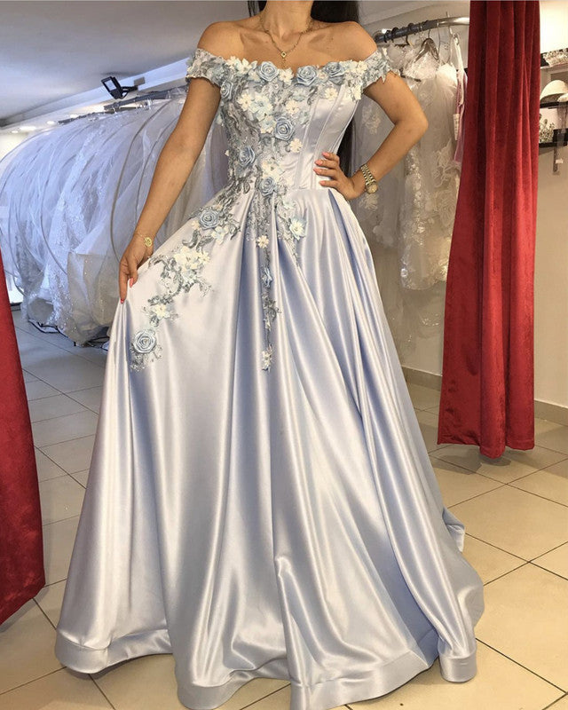 Off The Shoulder Satin Floor Length Dresses 3D Lace Flowers Beaded