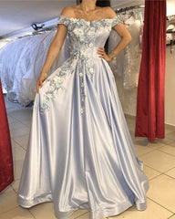 Off The Shoulder Satin Floor Length Dresses 3D Lace Flowers Beaded