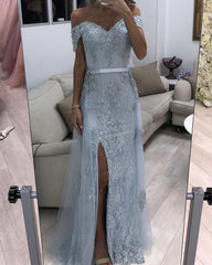 Silver Mermaid Prom Dresses Lace Split