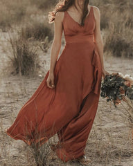 Long Satin Ruched V Neck Split Dress