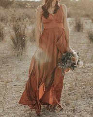 Long Satin Ruched V Neck Split Dress