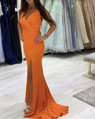 Sexy Mermaid Dresses Pleated V Neck Split