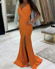 Sexy Mermaid Dresses Pleated V Neck Split