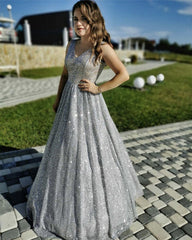 Glitter A-line Princess V Neck Dresses