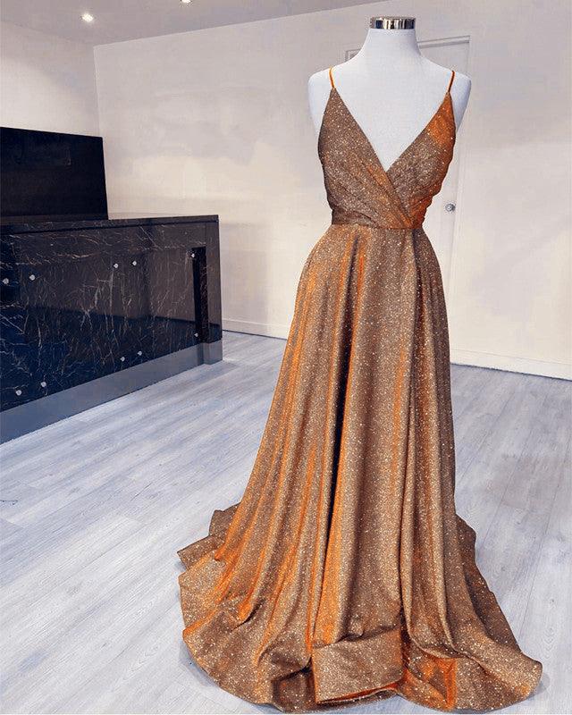Glitter Prom Dresses V Neck Split With Straps - RongMoon
