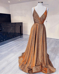 Glitter Prom Dresses V Neck Split With Straps - RongMoon