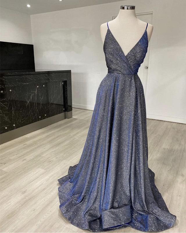 Glitter Prom Dresses V Neck Split With Straps - RongMoon