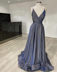 Glitter Prom Dresses V Neck Split With Straps - RongMoon