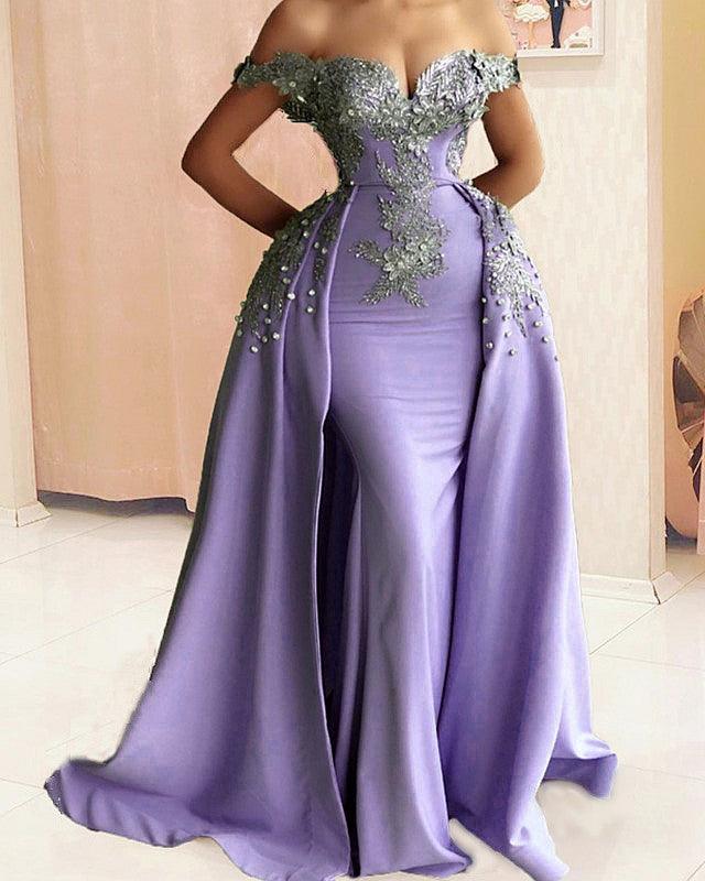 Mermaid Evening Dress Off Shoulder Silver Lace Embroidery - RongMoon