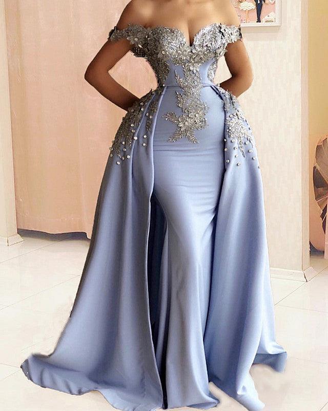 Mermaid Evening Dress Off Shoulder Silver Lace Embroidery - RongMoon