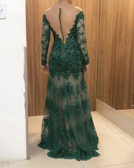 Long Sleeves Lace Mermaid Prom Dresses Sheer Neck - RongMoon