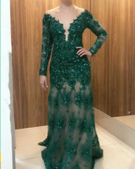 Long Sleeves Lace Mermaid Prom Dresses Sheer Neck - RongMoon