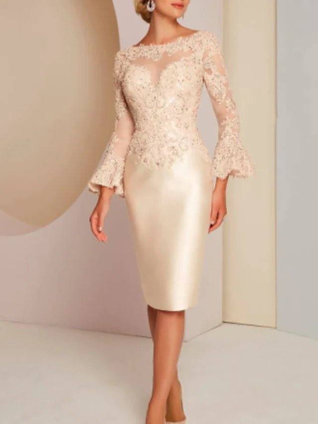Sheath / Column Mother of the Bride Dress Plus Size Elegant Vintage Jewel Neck Knee Length Lace Satin Long Sleeve with Appliques - RongMoon