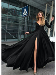 A-Line Empire Minimalist Sexy Holiday Prom Formal Evening Dress V Neck V Back Long Sleeve Floor Length Chiffon with Slit Pure Color