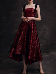 A-Line Bridesmaid Dress Spaghetti Strap / Strapless Sleeveless Elegant Asymmetrical / Ankle Length Sequined with Pleats - RongMoon
