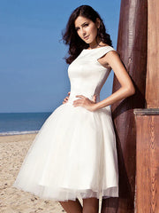 Beach Little White Dresses Wedding Dresses Knee Length A-Line Cap Sleeve Bateau Neck Satin With Draping