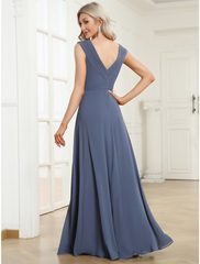 A-Line Wedding Guest Dresses Minimalist Dress Formal Floor Length Sleeveless V Neck Chiffon with Pleats Pure Color
