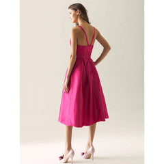 Ball Gown / A-Line Bridesmaid Dress Straps Sleeveless Elegant Tea Length Taffeta with Bow(s) / Draping - RongMoon