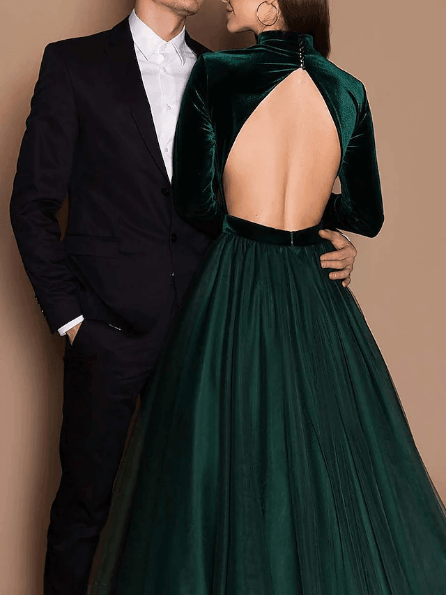 Ball Gown Beautiful Back Elegant Wedding Guest Formal Evening Dress High Neck Long Sleeve Court Train Tulle Velvet with Pleats Solid - RongMoon