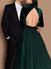 Ball Gown Beautiful Back Elegant Wedding Guest Formal Evening Dress High Neck Long Sleeve Court Train Tulle Velvet with Pleats Solid - RongMoon