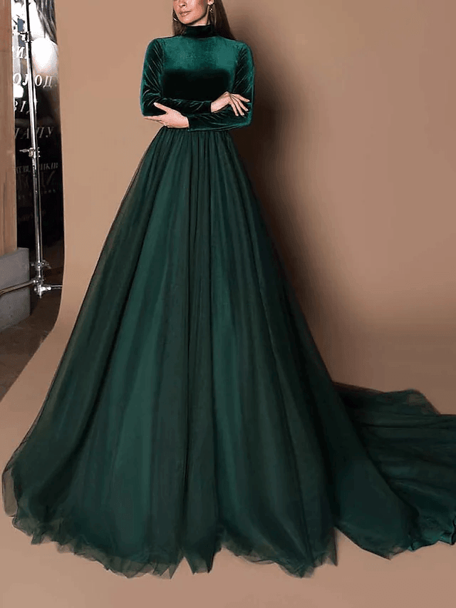 Ball Gown Beautiful Back Elegant Wedding Guest Formal Evening Dress High Neck Long Sleeve Court Train Tulle Velvet with Pleats Solid - RongMoon