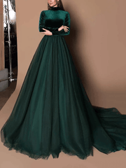 Ball Gown Beautiful Back Elegant Wedding Guest Formal Evening Dress High Neck Long Sleeve Court Train Tulle Velvet with Pleats Solid - RongMoon