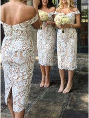 Sheath / Column Bridesmaid Dress Off Shoulder Sleeveless Elegant Tea Length Lace with Split Front / Solid Color - RongMoon