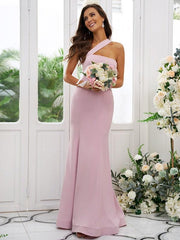 Sheath/Column Stretch Crepe Ruffles One-Shoulder Sleeveless Floor-Length Bridesmaid Dresses - RongMoon