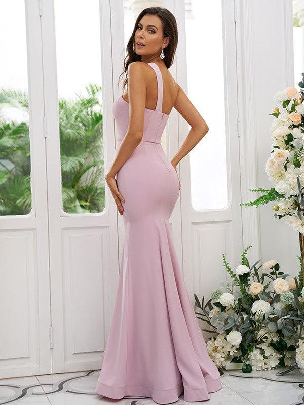 Sheath/Column Stretch Crepe Ruffles One-Shoulder Sleeveless Floor-Length Bridesmaid Dresses - RongMoon