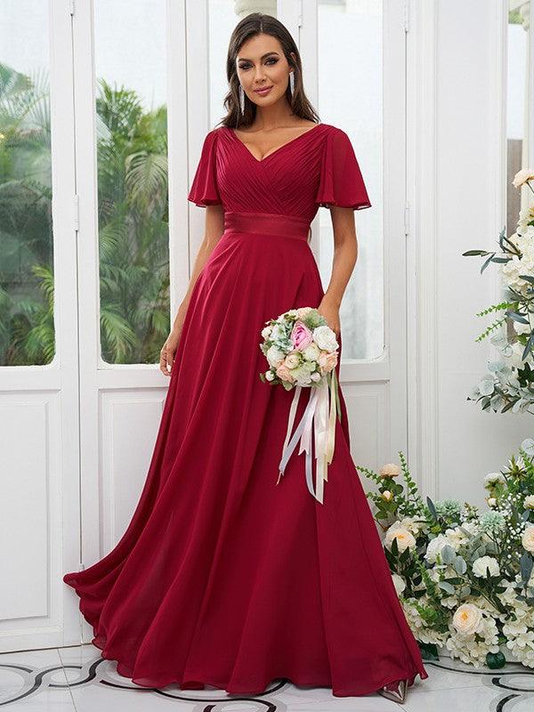 A-Line/Princess Chiffon Ruched V-neck Short Sleeves Sweep/Brush Train Bridesmaid Dresses - RongMoon