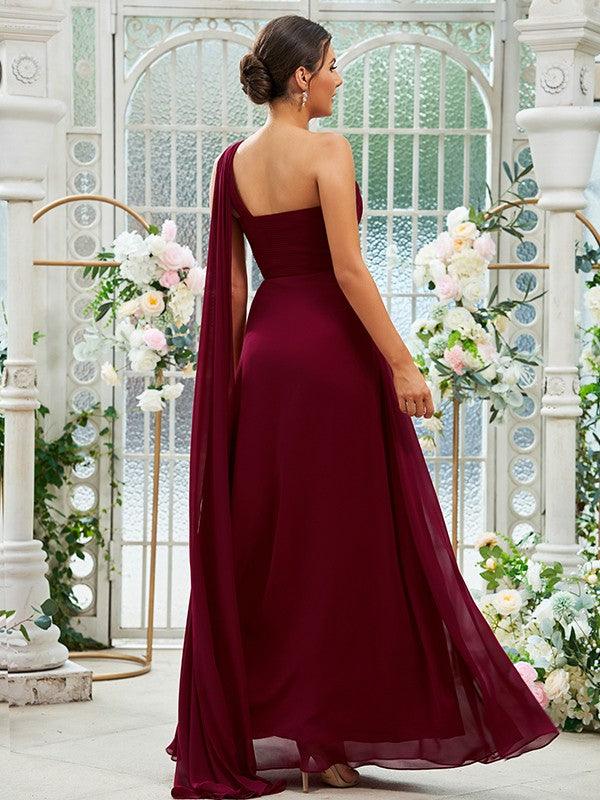 A-Line/Princess Chiffon Ruched One-Shoulder Sleeveless Floor-Length Bridesmaid Dresses - RongMoon