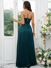 A-Line/Princess Elastic Woven Satin Ruched V-neck Sleeveless Floor-Length Bridesmaid Dresses - RongMoon