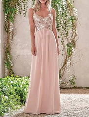 Sheath / Column Bridesmaid Dress Cowl Neck Sleeveless Elegant Floor Length Chiffon / Sequined with Sequin / Ruching - RongMoon