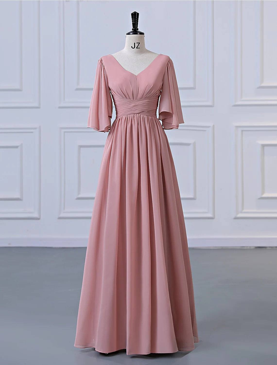 A-Line Bridesmaid Dress V Neck Half Sleeve Elegant Floor Length Chiffon with Pleats / Ruffles - RongMoon
