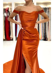 Brown Off The Shoulder Pleats Prom Dress