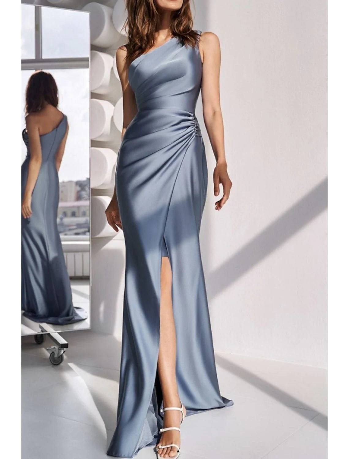 Sheath / Column Bridesmaid Dress One Shoulder Sleeveless Elegant Sweep / Brush Train Charmeuse with Split Front / Solid Color - RongMoon