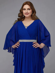 A-Line Plus Size Dress Wedding Guest Floor Length Long Sleeve V Neck Chiffon Lace-up with Crystals Sequin