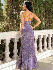 Sheath / Column Prom Dresses Sparkle & Shine Dress Party Wear Floor Length Sleeveless One Shoulder Sequined with Sequin Slit