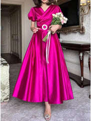 A-Line Bridesmaid Dress V Neck Short Sleeve Vintage Ankle Length Satin with Sash / Ribbon / Pleats - RongMoon