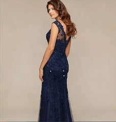 Black Blue Mother Of The Bride Dresses Mermaid Lace Beaded Sheer Neck Wedding Party Gowns 2021 Mother Evening Dresses Sleeveless - RongMoon
