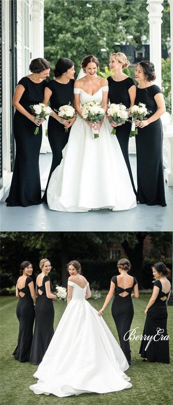 Cap Sleeves Long Mermaid Black Jersey Bridesmaid Dresses, Long Bridesmaid Dresses, Cheap Bridesmaid Dresses - RongMoon