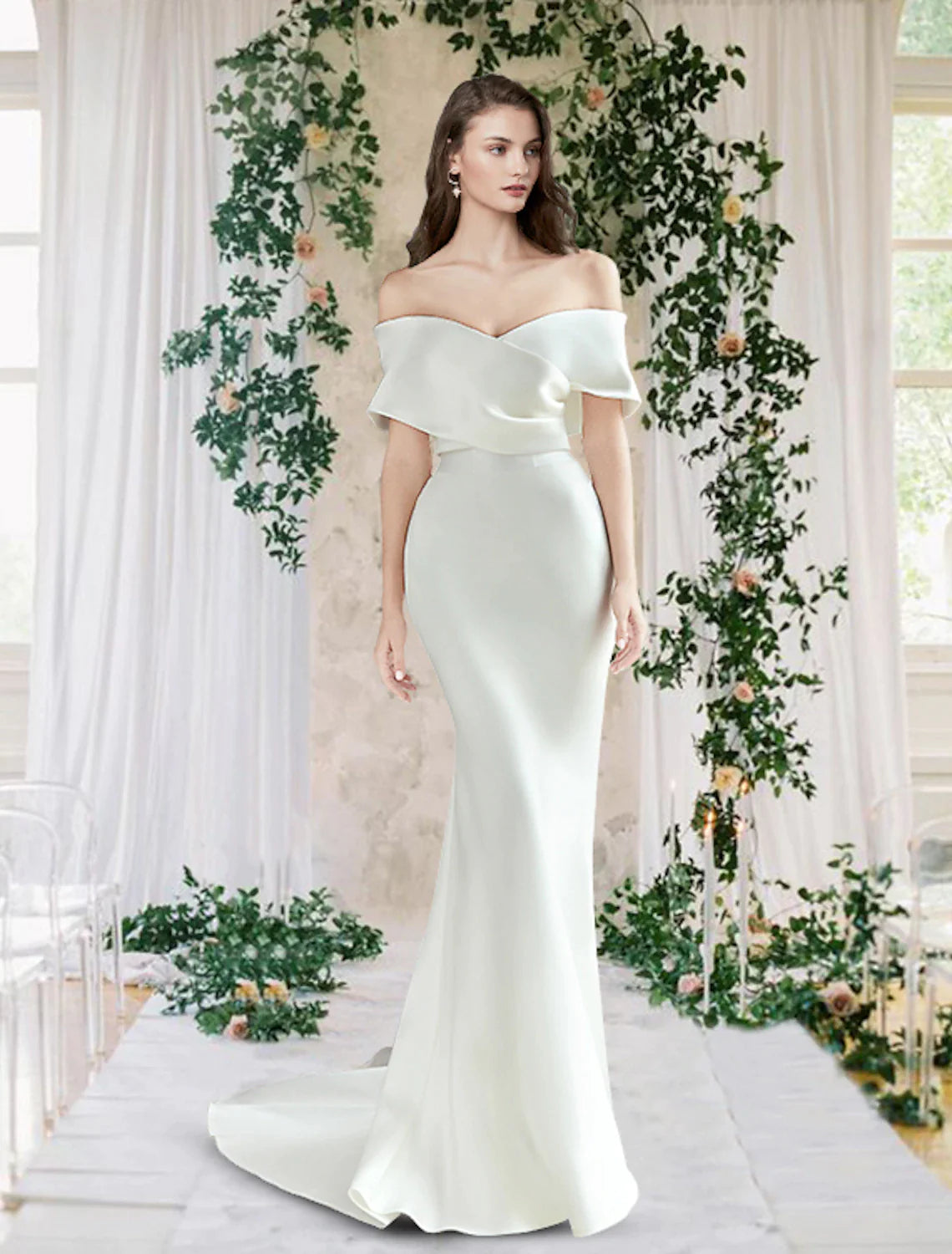 Hall Casual Wedding Dresses Chapel Train Sheath / Column Cap Sleeve Off Shoulder Satin With Ruched