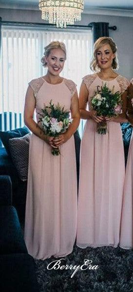 Cap Sleeves A-line Chiffon Blush Pink Long Bridesmaid Dresses - RongMoon