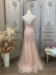 Mermaid / Trumpet Prom Dresses Maxi Dress Party Wear Sweep / Brush Train Sleeveless V Neck Tulle with Appliques