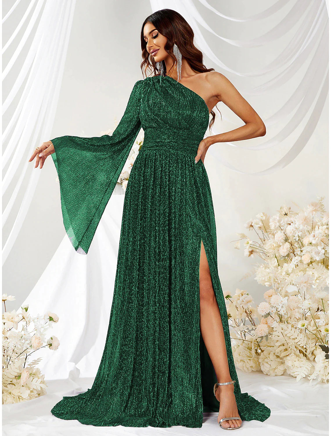 A-Line Wedding Guest Dresses Sparkle & Shine Dress Formal Evening Party Sweep / Brush Train Long Sleeve One Shoulder Polyester with Glitter Slit
