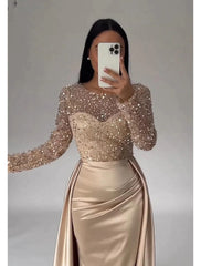 Mermaid / Trumpet Evening Gown Sparkle & Shine Dress Carnival Masquerade Floor Length Long Sleeve Illusion Neck Fall Wedding Reception Satin with Pearls Overskirt