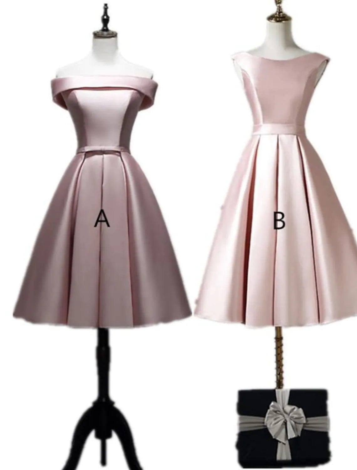 A-Line Bridesmaid Dress Off Shoulder Sleeveless Elegant Tea Length Satin with Bow(s) / Pleats - RongMoon