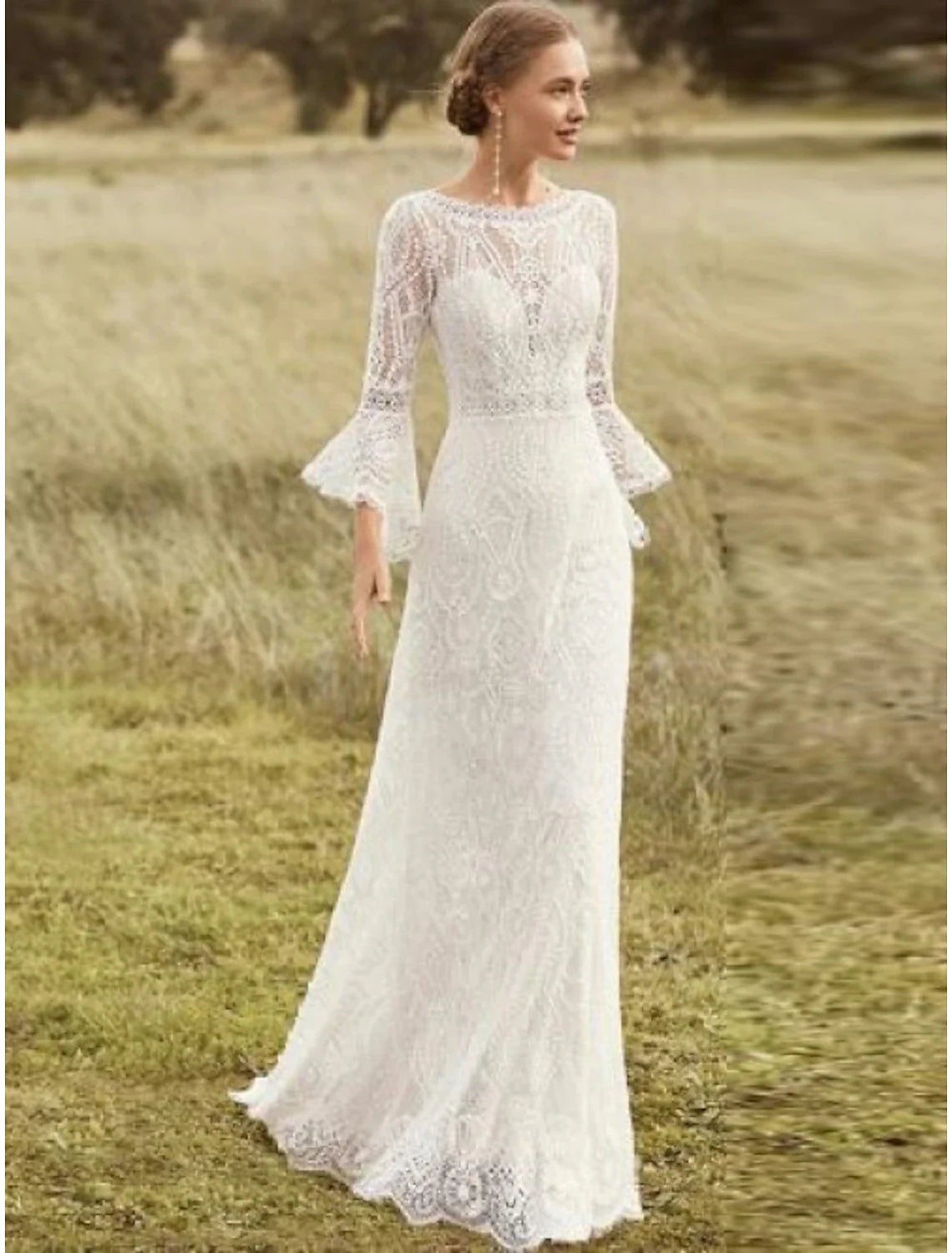 Beach Boho Wedding Dresses Sweep / Brush Train A-Line Long Sleeve Scoop Neck Lace With Lace Solid Color