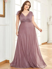 Bridesmaid Dress V Neck Short Sleeve Plus Size Floor Length Chiffon with Tier / Solid Color - RongMoon